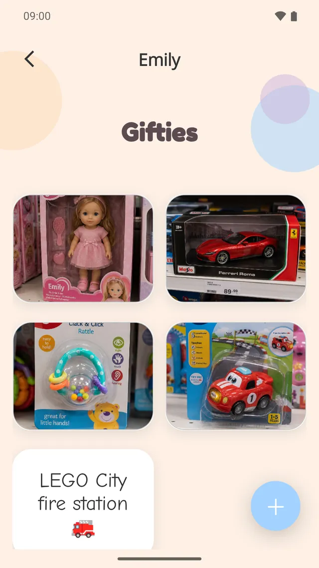 The gift list of a child called Emily, with photos of toys taken in a shop