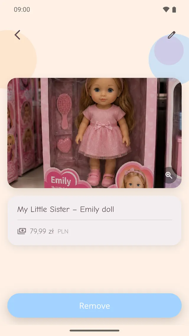 Gift detail screen showing a doll, its name and its price