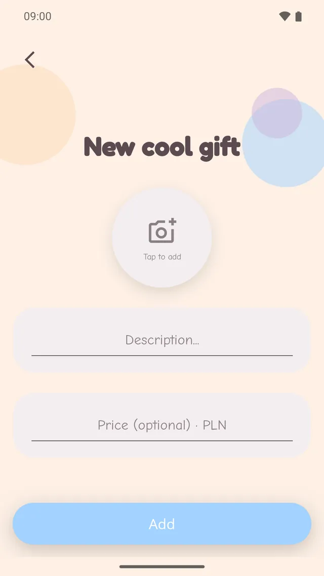 The add-gift screen with a camera button, a description field and a price field