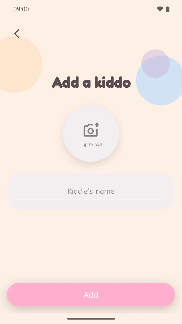 The add-child screen with a photo button and a name field
