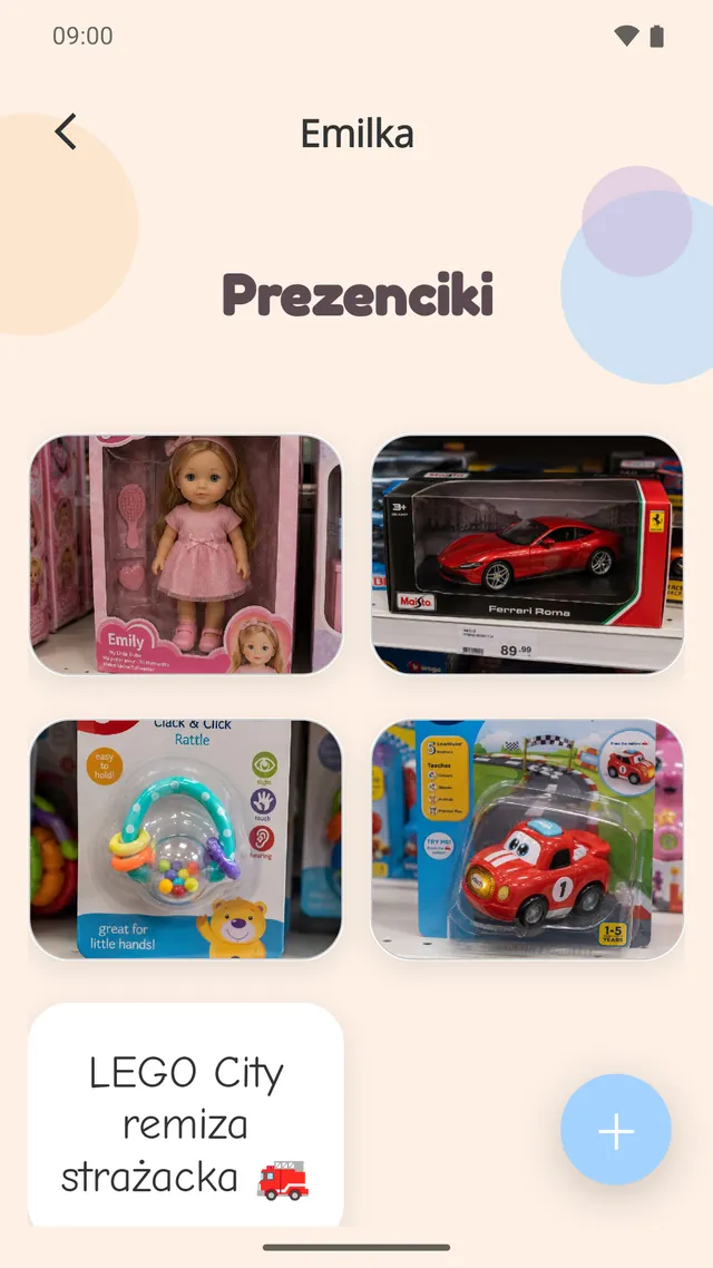 Lista prezentów dziecka o imieniu Emilka, ze zdjęciami zabawek zrobionymi w sklepie