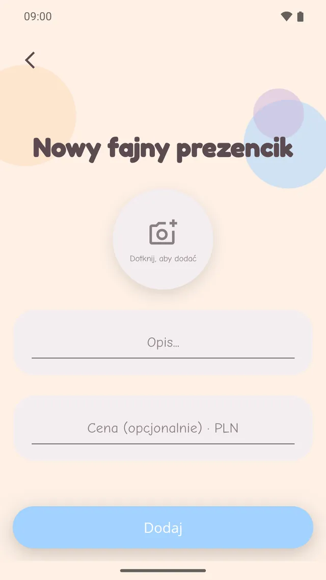 Ekran dodawania prezentu z przyciskiem aparatu, polem opisu i polem ceny