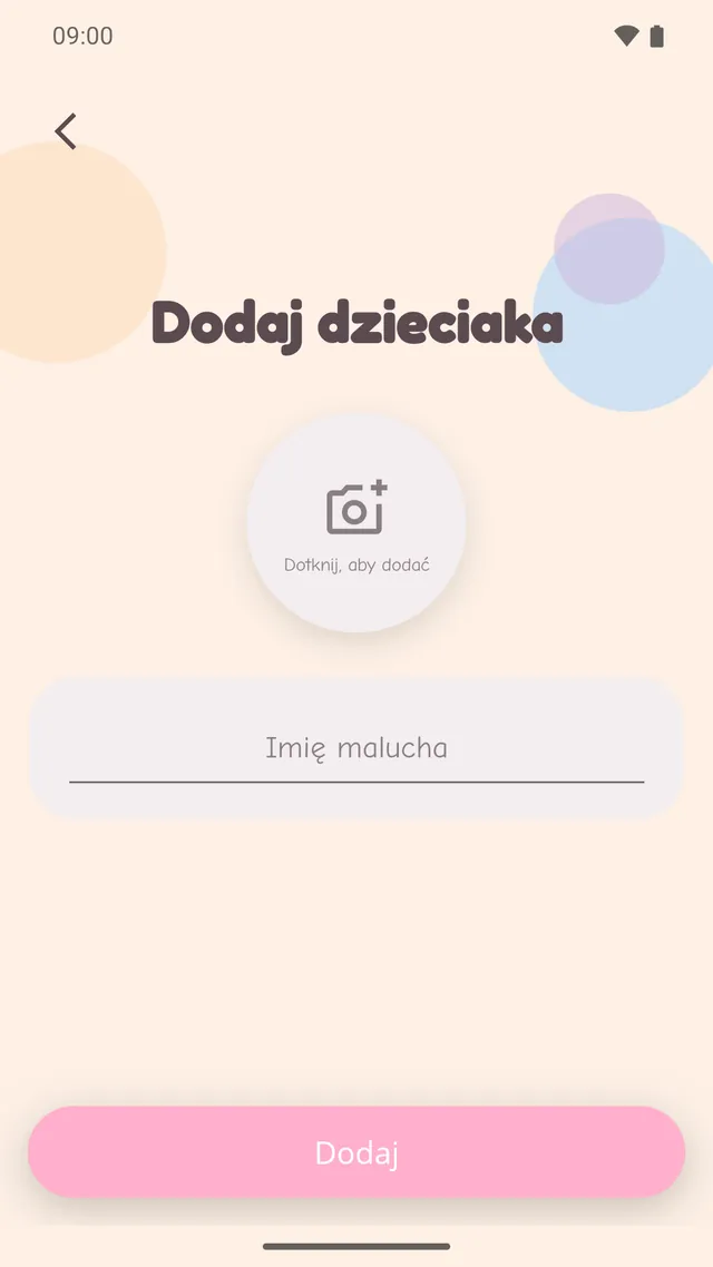 Ekran dodawania dziecka z przyciskiem zdjęcia i polem imienia